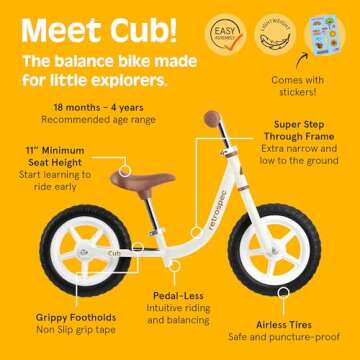 Retrospec Cub 2 Toddler 12" Balance Bike, 18 Months - 3 Years Old, No Pedal Beginner Kids Bicycle for Girls & Boys, Flat-Free Tires, Adjustable Seat, & Durable Frame