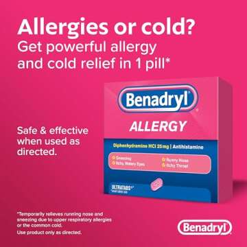 Benadryl Ultratabs Antihistamine Allergy Relief Medicine, 25 mg Diphenhydramine HCl Tablets for Relief of Cold & Allergy Symptoms Such as Sneezing, Runny Nose, & Itchy Eyes & Throat, 48 ct