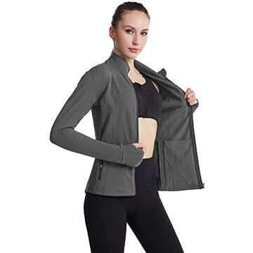 Lianshp Womens Fleece Jacket with Thumb Holes Women Full Zip Slim Fit Athletic Sports Running Yoga Track Jackets Gray M