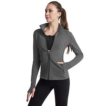 Lianshp Womens Fleece Jacket with Thumb Holes Women Full Zip Slim Fit Athletic Sports Running Yoga Track Jackets Gray M