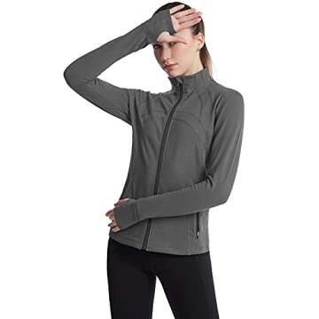 Lianshp Womens Fleece Jacket with Thumb Holes Women Full Zip Slim Fit Athletic Sports Running Yoga Track Jackets Gray M