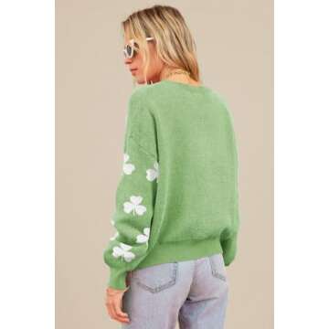 Women's 2024 St. Patrick's Day Green Fuzzy Clover Drop Shoulder Sweater Casual Round Neck Long Sleeve Knit Pullover Tops