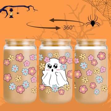 GSPY Halloween Ghost Iced Coffee Cups - 16 oz Halloween Tumbler with Lid and Straw - Halloween Gifts for Women - Cute Halloween Glass Cups - Spooky Halloween Ghost Mug for Women, Girls, Adults