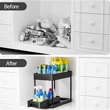 Huggiecart Under Sink Organizers and Storage, 2 Tier kitchen organization with Pull out Sliding Drawers, Multi-purpose Organization and Storage with 4 Hooks for Bathroom, Cabinet Organizer (Black)…