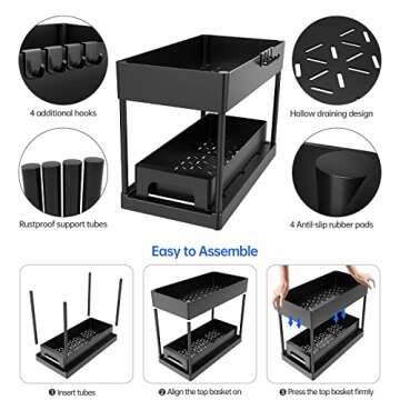 Huggiecart Under Sink Organizers and Storage, 2 Tier kitchen organization with Pull out Sliding Drawers, Multi-purpose Organization and Storage with 4 Hooks for Bathroom, Cabinet Organizer (Black)…