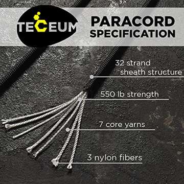 TECEUM Paracord Type III 550 Black –100 ft – 4mm – Tactical Rope MIL-SPEC – Outdoor para Cord –Camping Hiking Fishing Gear and Equipment EDC Parachute Cord Strong Survival Utility Rope 016