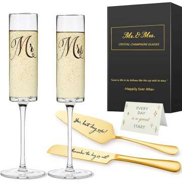 Mr and Mrs Champagne Flutes, Bride and Groom Champagne Glasses, Wedding Glasses with Cake Cutting Set, Bridal Shower Gifts, Unique Wedding Gift Engagement Gifts for Couples