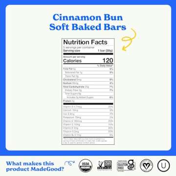 MadeGood Mornings Soft Baked Breakfast Bars, Cinnamon Bun 1.06 Oz (30 Count) Gluten Free Snacks