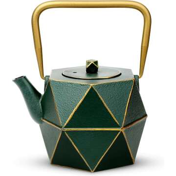 Toptier Cast Iron Teapot, Stovetop Safe Japanese Cast Iron Tea Kettle, Diamond Design Tea Pot with Removable Infuser for Loose Tea, 30 Ounce (900 ml), Dark Green
