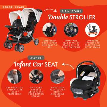 Baby Trend Sit N Stand Easy Fold Travel Double Baby Stroller and 2 Single Infant Car Seats Travel System with Safety Harnesses and Cover, Khaki