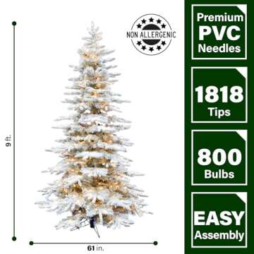 Fraser Hill Farm 9-Ft. Mountain Pine Flocked Artificial Christmas Tree with White Incandescent Smart Lights and Stand, Prelit Foldable Fake Tree with Realistic Snowy Foliage for Home Decoration