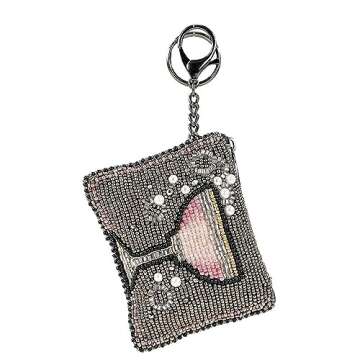 Mary Frances Pink Champagne Beaded Coin Purse Key Fob, Pewter