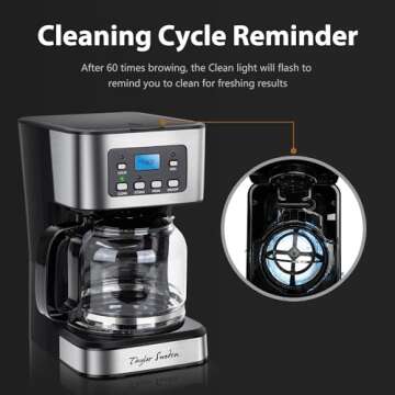 Taylor Swoden 12-Cup Programmable Coffee Maker, Regular & Strong Brew Drip Coffee Machine for Home and Office, Glass Carafe, Pause & Serve, Auto Shut Off, Black & Stainless Steel