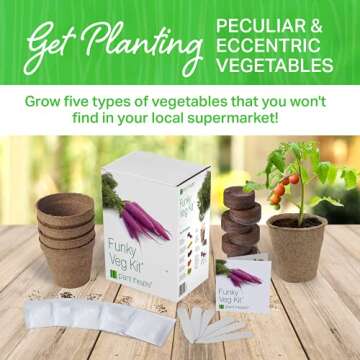 Plant Theatre Funky Vegetable Garden Starter Kit - Grow Kit with 6 Unique Varieties of Vegetable Seeds, Pots, Peat, and Markers - Gardening Gifts for Outdoor or Indoor Garden