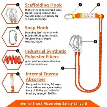 GLOROUSCHU Full Body Safety Harness Tool Fall Protection，OSHA/ANSI Compliant,ASTM F1774certified | INTERNAL Shock Absorbing Lanyard（Orange）