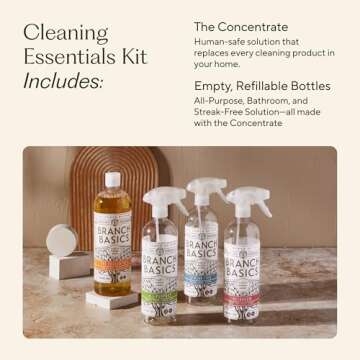 Branch Basics Cleaning Essentials Kit: All Purpose Cleaning Spray, Glass Cleaner, and Bathroom Cleaner - Concentrate (33.8 Oz) + Plastic Spray Bottles for Cleaning (24 Oz) Non-Toxic, Fragrance-Free