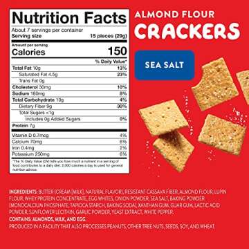 HighKey Gluten Free Sea Salt Crackers - 6.75oz Keto Snack Lightly Seasoned Buttery Almond Flour Cracker No Sugar Low Carb Chips Low Net Carb Food High Protein Crisp Diabetic Snacks Friendly Foods