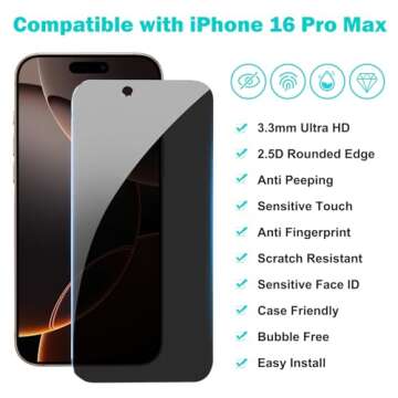 Pehael 3+3Pack Privacy Screen Protector & Lens Cover for iPhone 16 Pro Max