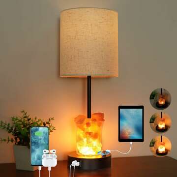 ZJOJO Table Lamp with Himalayan Salt Lamp, Bedside Lamps with USB C and A Ports, 3 Way Dimmable Salt Lamp with AC Outlet- Touch Control Table Lamp for Bedroom Iron Nightstand Lamp for Living Room