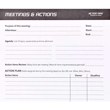 Action Day - Meetings & Actions Pad - Size 8x11 - Layout Designed to Run Effective Meetings That Get Things Done (Meeting Notepad (+) Meeting Notes)