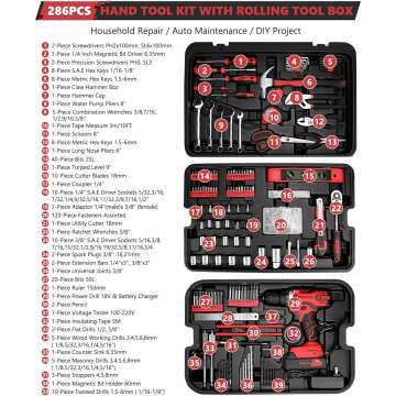 KingTool Home Tool Set Kit - 286 PCS Home Auto Repair Tool Kit with Rolling Tool Box, Mechanic Tool Sets with 21V Max Cordless Power drill, Perfect for Homeowner, Diyer, Handyman