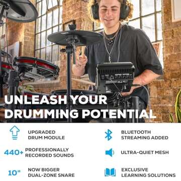 Alesis Nitro Max Kit Electric Drum Set with Quiet Mesh Pads, 10 Inch Dual Zone Snare, Bluetooth, 440+ Authentic Sounds, Drumeo, USB MIDI, Kick Pedal