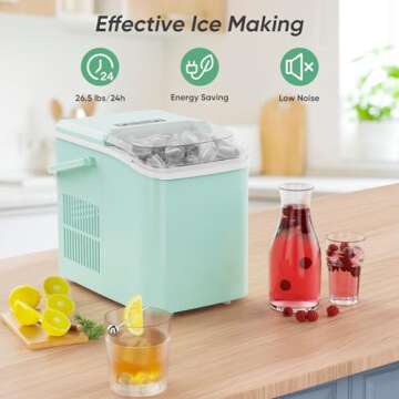 Sweetcrispy Countertop Ice Maker Machine Self-Cleaning, Fast Making 9 Ice Cubes in 6 Minutes, 26.5lbs/24Hrs, 2 Sizes Bullet Ice, Portable Ice Machine with Ice Scoop, Basket and Handle, Green