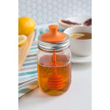 Jarware Honey Dipper Lid for Regular Mouth Mason Jars, Orange, 16-Ounce