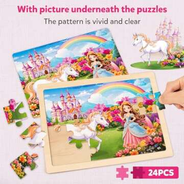 SYNARRY Large Unicorn Princess Fairy Wooden Puzzles for Girls Gift Box , 24 Pcs Puzzles for Kids Ages 4-6