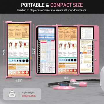 Nursing Clipboard Foldable, Foldable Clipboard w/Nursing Edition Cheat Charts, 3 Layers Aluminum, Nurse Clipboard w/Low Profile Clip&Pen Clip Pocket Clipboard for Students, Nurses and Doctors, Pink