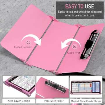 Nursing Clipboard Foldable, Foldable Clipboard w/Nursing Edition Cheat Charts, 3 Layers Aluminum, Nurse Clipboard w/Low Profile Clip&Pen Clip Pocket Clipboard for Students, Nurses and Doctors, Pink