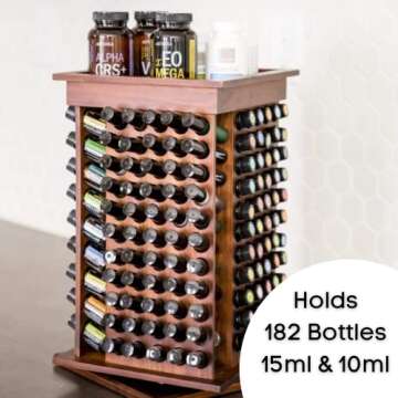 Oil Life- Wooden Rotating Essential Oil Rack | Aromatherapy Storage for 15ml Essential Oil Bottles Great for All 15ML Bottles Shelf Display Holder Table Diffuser Stand (182 Bottles)