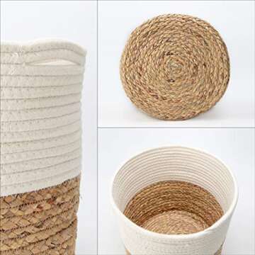 Mkono Cotton Rope Plant Basket with Water Hyacinth Modern Indoor Planter Up to 10 Inch Pot Woven Storage Organizer with Handles Home Decor, 11" x 11"