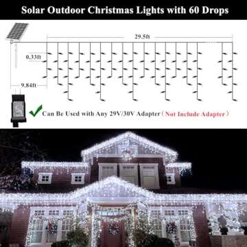 KiflyTooin Solar Christmas Lights Outdoor Waterproof Christmas Decorations Curtain Lights 320LED 29.5ft 60 Drops, Solar Powered Rechargeable Fairy Lights for Party, Wedding, Home Decorations(White)