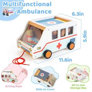 Wooden Doctor Kit for Kids, 37pcs Pretend Play Medical Kit with Ambulance Toy & Plush Bear, Imagination Doctor Role Play Set for Boys Girls Age 3 4 5 6 7