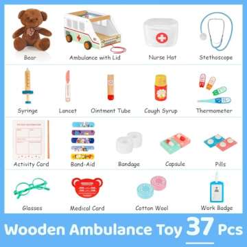 Wooden Doctor Kit for Kids, 37pcs Pretend Play Medical Kit with Ambulance Toy & Plush Bear, Imagination Doctor Role Play Set for Boys Girls Age 3 4 5 6 7