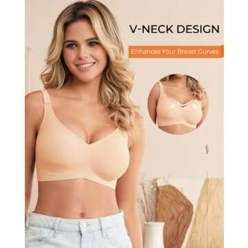 Falorda Wireless Bras for Women No Underwire, Seamless Bras Smooth Soft V Neck Full Coverage Comfort Bra with Extender Nude