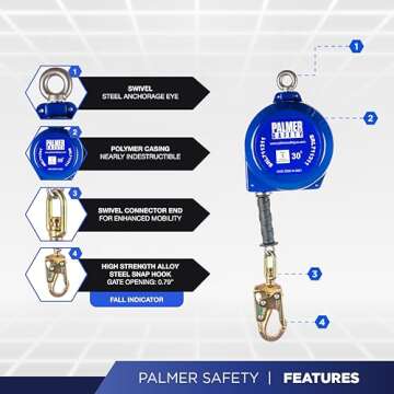 Palmer Safety SRD 30 FT. Self Retracting Lifeline I ANSI Z359.14-2021 Class 1 I SRL Device Swivel Top Galvanized Cable w/Small Steel Snap Hook I Fall Arrest Safety Yoyo