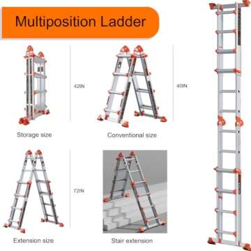 LANBITOU Ladder, A Frame 4 Step Ladder Extension, 14 FT Anti-Slip Multi Position & Storage Folding Ladder, 330 lbs Security Load Telescoping Aluminum Ladders for Stairs Home Indoor Outdoor Roof