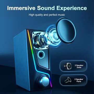 Computer Speakers, PC Speakers with 6 Lighting Modes, USB Powered Computer Speakers for Desktop Monitor with 2 Bass-Boost Ports, 2 Speaker Units, and 3.5mm Aux-in Cable for PC, Laptop, Tablet, Phone