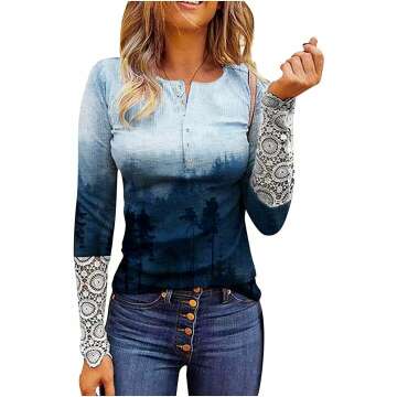 Fall Tops Women 2022 Trendy Womens Ribbed Knit Henley Long Sleeve Tunic Lace Button Shirt Casual Blouses Blusas De