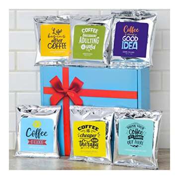 Coffee Lover's Coffee Quotes Variety Sampler Gift Set - 6 Gourmet Flavors of Ground Coffee In Full Pot Bags With Fun Coffee Quotes, In A Beautiful Gift Box