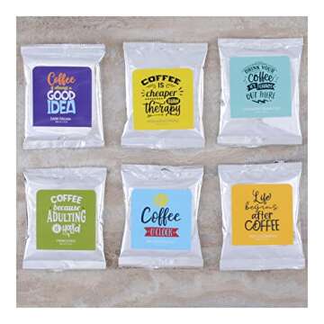 Coffee Lover's Coffee Quotes Variety Sampler Gift Set - 6 Gourmet Flavors of Ground Coffee In Full Pot Bags With Fun Coffee Quotes, In A Beautiful Gift Box