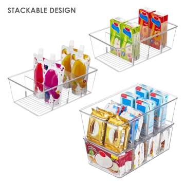 Vtopmart 2 Pack Food Storage Organizer Bins, Clear Plastic Bins for Pantry, Kitchen, Fridge, Cabinet Organization and Storage, 4 Compartment Holder Packets, Snacks, Pouches, Spice Packets