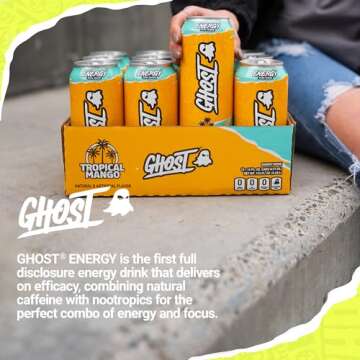 GHOST Energy Drink - 12-Pack, Tropical Mango, 16oz Cans - Energy & Focus & No Artificial Colors - 200mg of Natural Caffeine, L-Carnitine & Taurine - Gluten-Free & Vegan