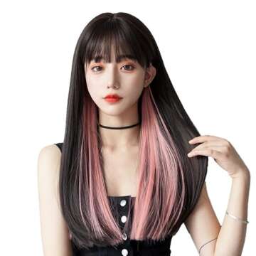 7JHH WIGS Black Wig with Bangs Long Straight Synthetic Hair Wigs for Women Highlight Colorful Cosplay And Party Wig (23" Black with Pink)