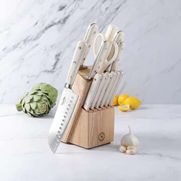 Martha Stewart Ruxton 14 Piece High Carbon Stainless Steel Cutlery Knife Block Set w/ABS Triple Riveted Forged Handle Ashwood Block - Linen