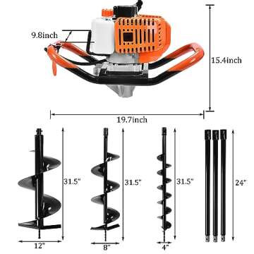 SNNplapla 72CC Auger Post Hole Digger Gas Powered Auger with 3 Earth Drill Bits 4" & 8" & 12", 3 Extension Rods for Fence Garden Farm Plant