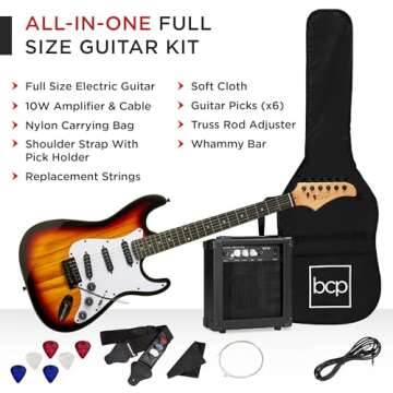 Best Choice Products 39in Full Size Beginner Electric Guitar Starter Kit w/Case, Strap, 10W Amp, Strings, Pick, Tremolo Bar - 3 Color Sunburst