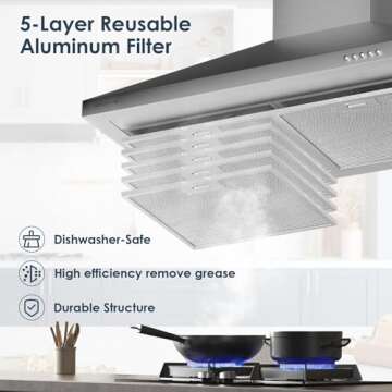 SOONYE 450 CFM 30 inch Range Hood, Stainless Steel Wall Mount Vent Hood, Convertible to Ductless/Ducted with LED Lights, 3 Speed Exhaust Fan